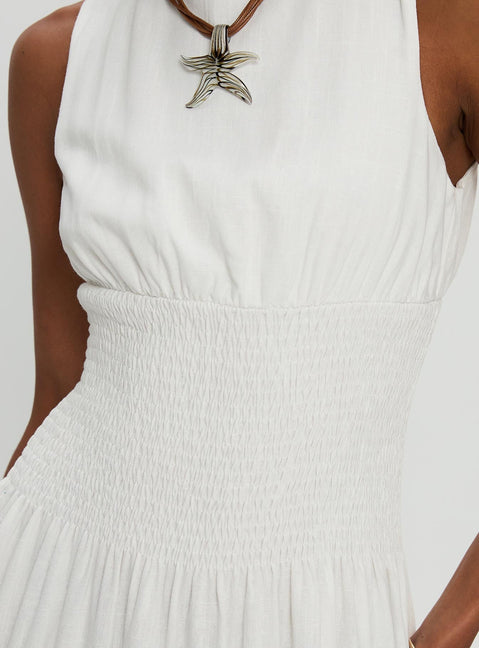 back view of model wearing Princess Polly Lilienne Shirred Maxi Dress White Crew Neck 