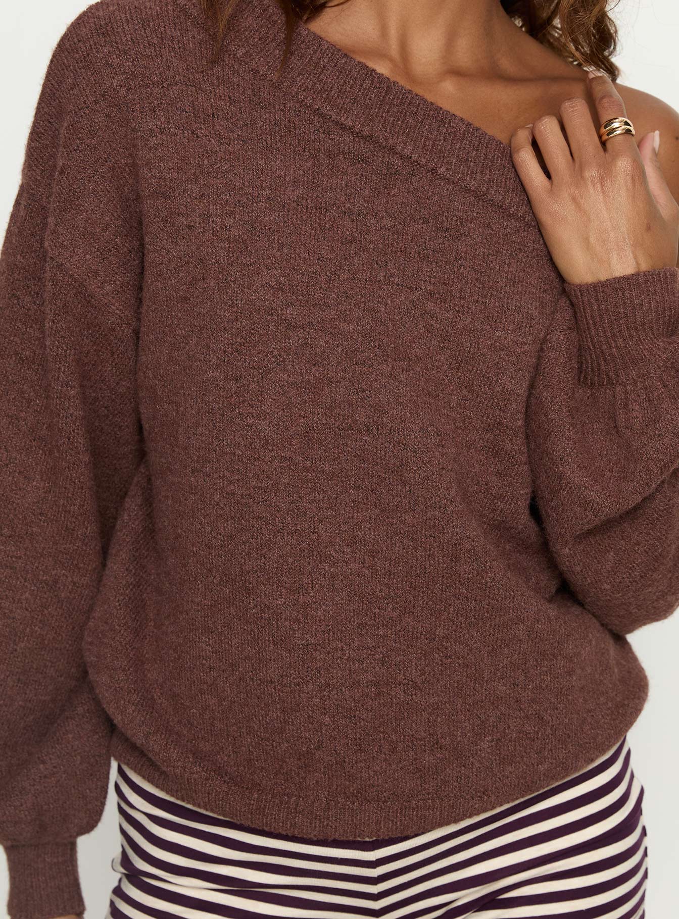back view of model wearing Princess Polly Noble Off The Shoulder Sweater Chocolate 