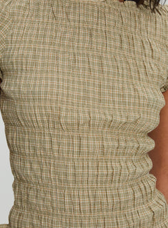 back view of model wearing Princess Polly Romelle Shirred Top Green / Brown Plaid Short Sleeves Crew Neck 