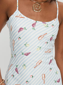 side view of model wearing Princess Polly Charcuterie Maxi Dress Blue Scoop Neck 