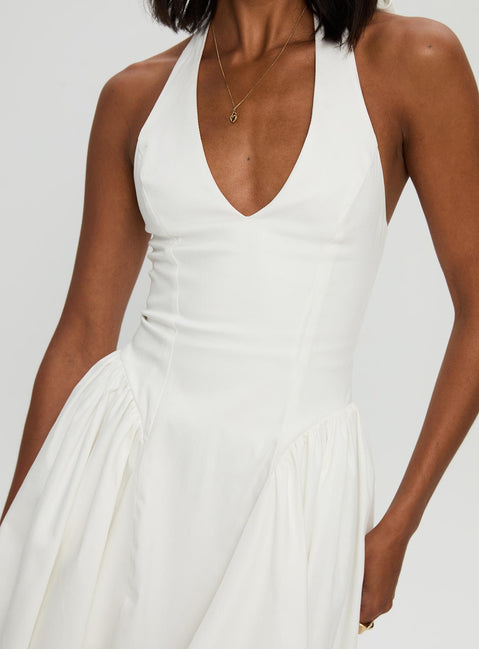 back view of model wearing Princess Polly Karisse Halter Mini Dress White Plunger 