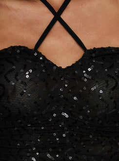 Edana Ruched Sequin Bodysuit Black