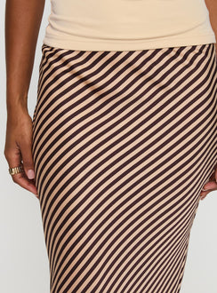 Highlighting the Eliena Maxi Skirt Multi Petite in womens-skirts with maxi length and striped print in tan and chocolate Princess