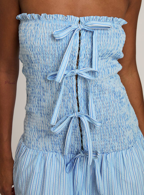 Think And Smile Strapless Tie Detail Playsuit Blue Stripe