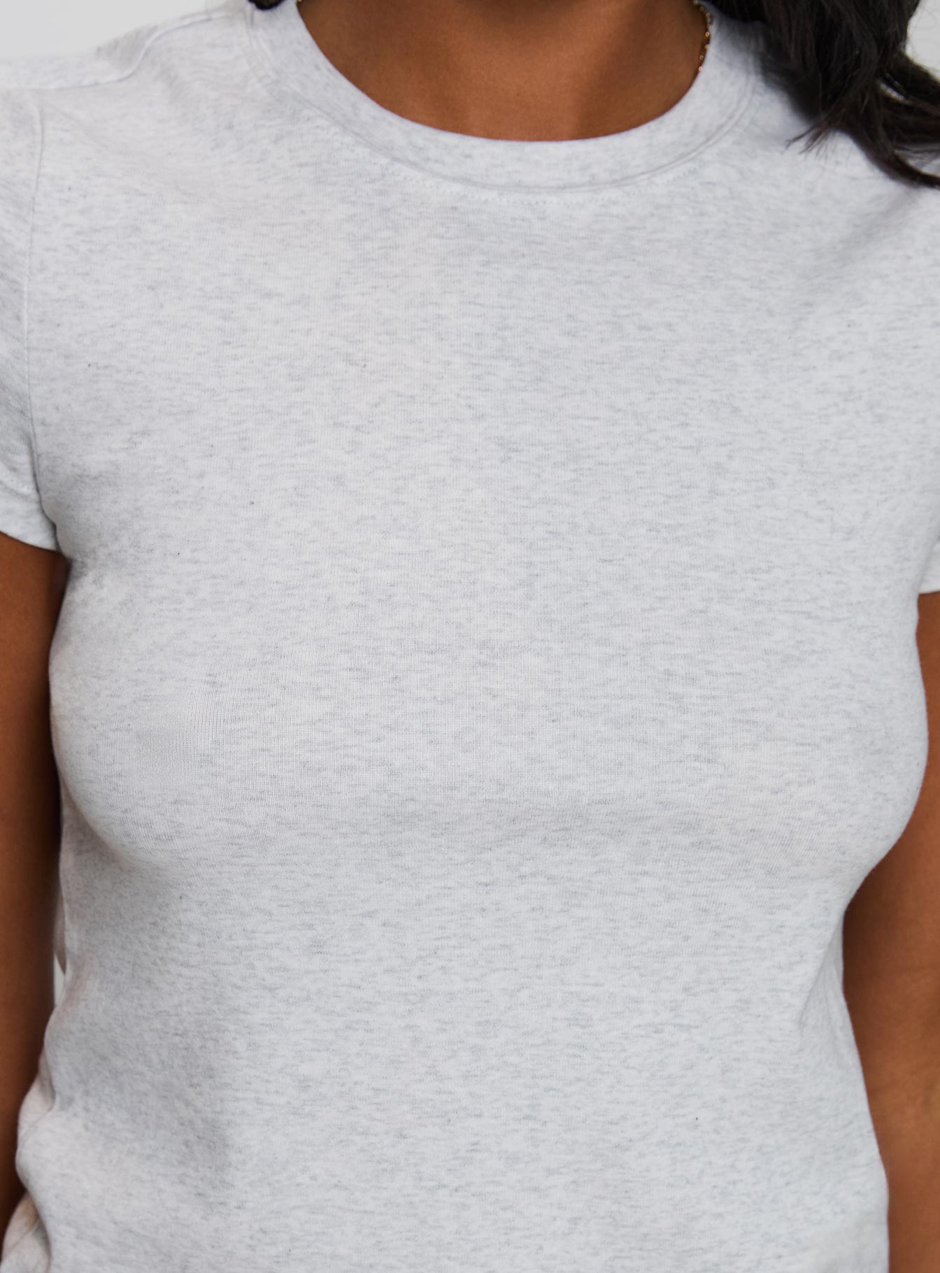 back view of model wearing Princess Polly Prestige Longline Baby Tee Grey Short Sleeves Crew Neck 