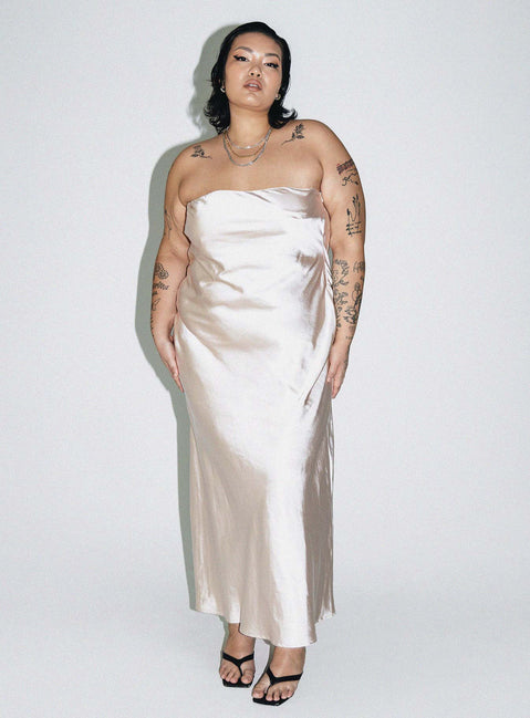 Front view of model wearing  front Princess Polly Asymmetric Neckline  Haley Maxi Dress Champagne Curve