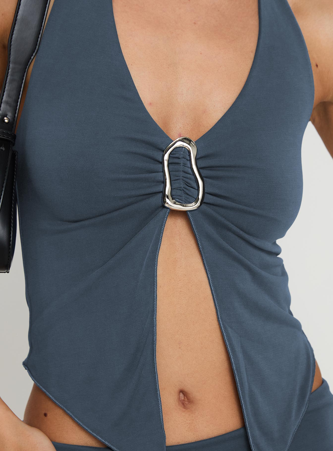 back view of model wearing Princess Polly Isolda Cupro Top Blue Sleeveless Plunger 