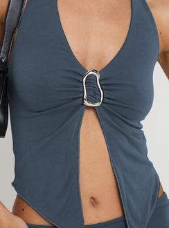 back view of model wearing Princess Polly Isolda Cupro Top Blue Sleeveless Plunger 