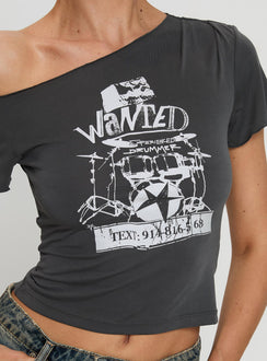 front view of model wearing Princess Polly Star Wanted Asymmetrical Tee Grey Short Sleeves Asymmetric Neckline 