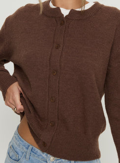 back view of model wearing Princess Polly Melancholia Cardigan Chocolate regular 