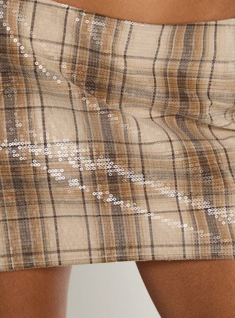 back view of model wearing Princess Polly Cherice Sequin Mini Skirt Beige Plaid Mini Skirts 