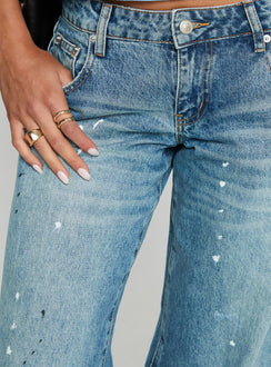 back view of model wearing Princess Polly Picasso Straight Leg Jean Mid Blue Mid Rise 