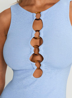 back view of model wearing Princess Polly Dejonge Ring Sleeveless Mini Dress Blue Crew Neck 