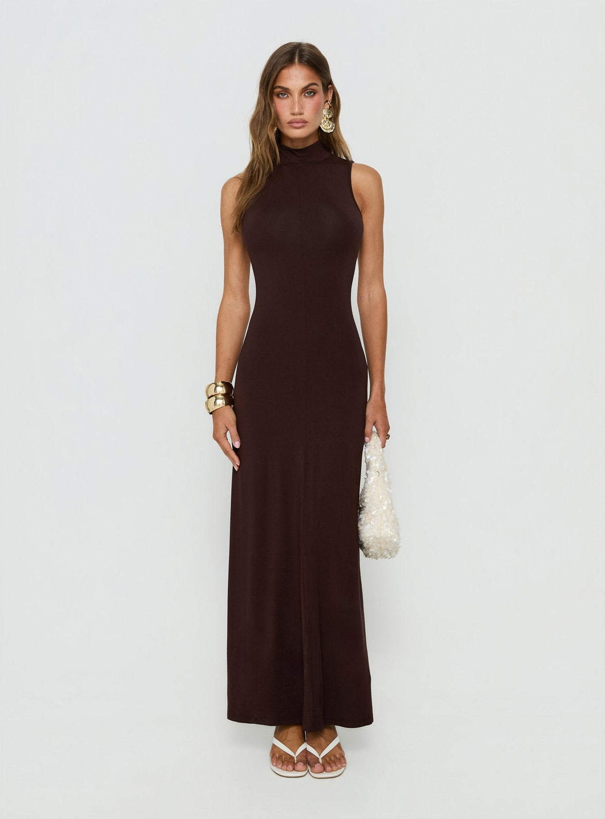 Elsi Funnel Neck Cutout Maxi Dress Brown
