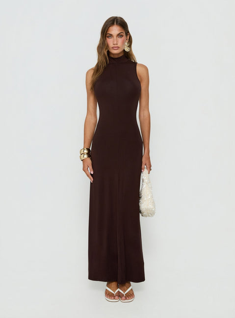 Elsi Funnel Neck Cutout Maxi Dress Brown