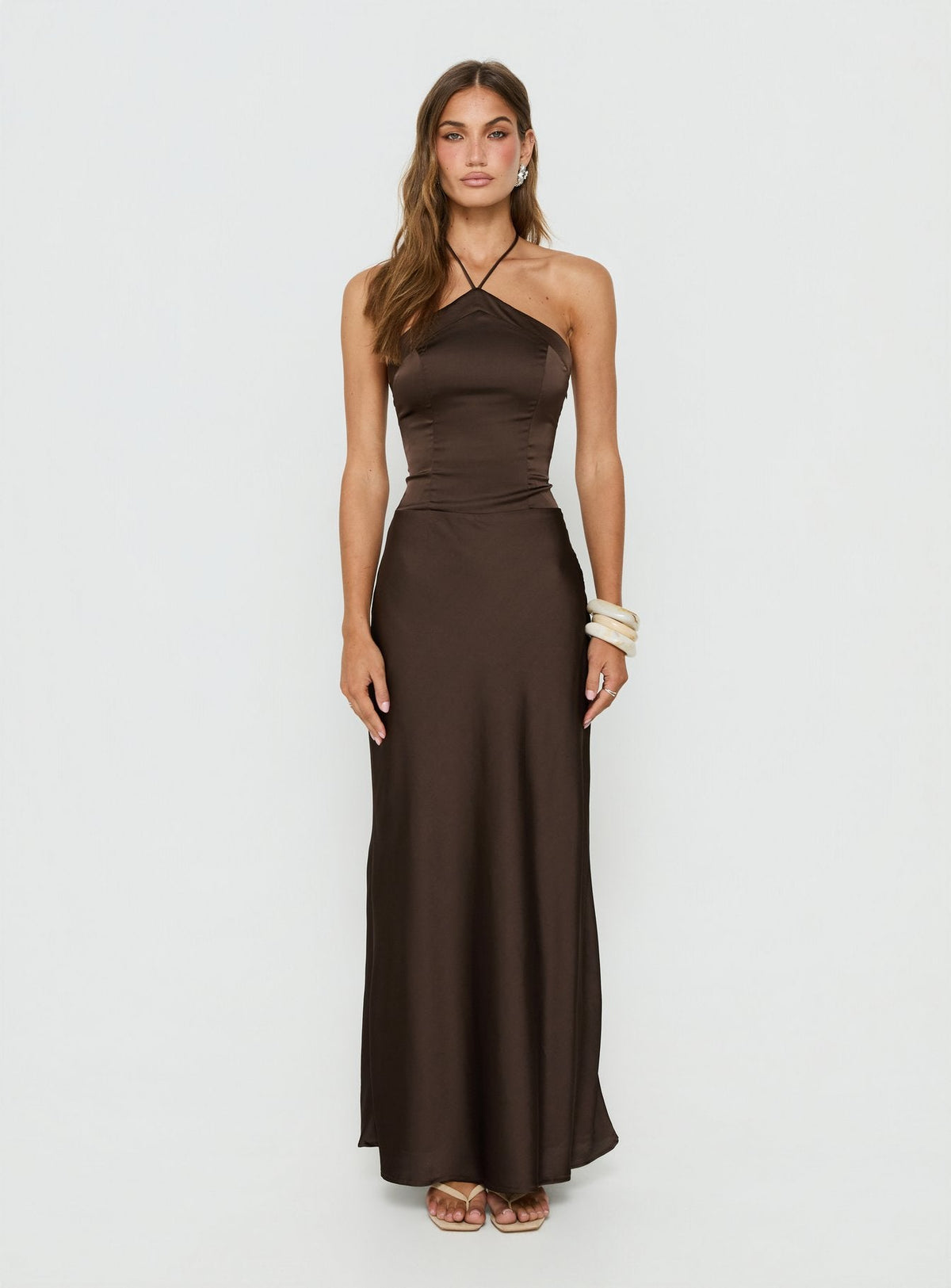 Carsonn Arrowneck Satin Maxi Dress Chocolate