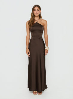Carsonn Arrowneck Satin Maxi Dress Chocolate