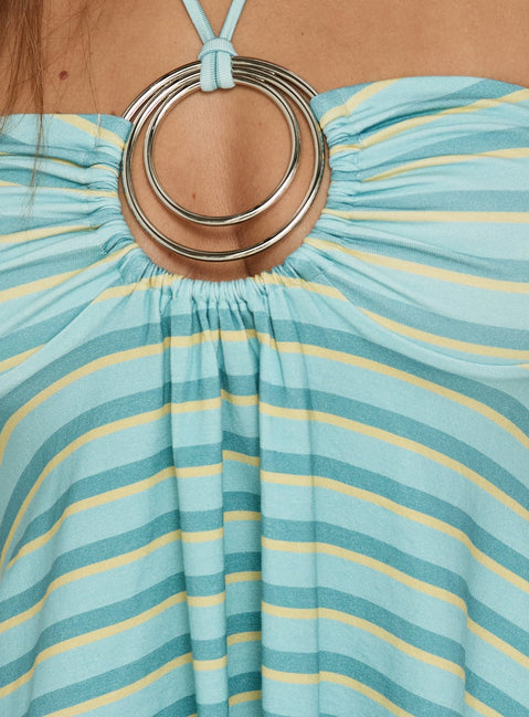 Betsey Ring Detail Tie Neck Top Blue Stripe