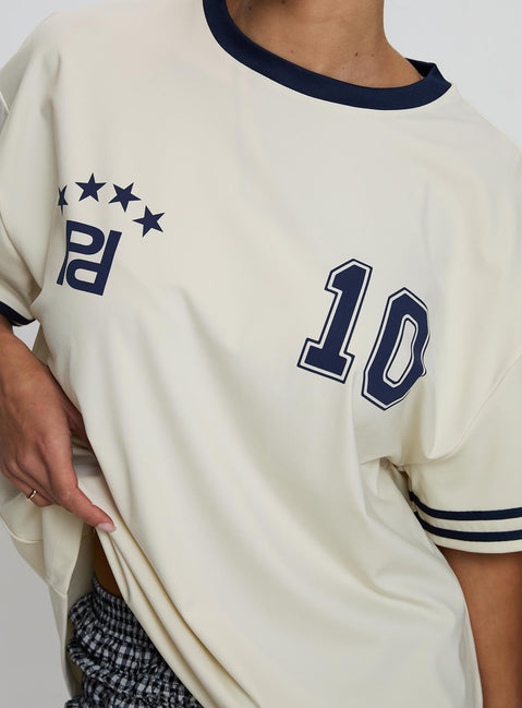 back view of model wearing Princess Polly Cornwall Football Jersey Cream Half Sleeves Crew Neck 