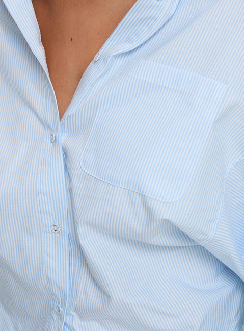 back view of model wearing Princess Polly Chips Are Down Shirt Blue Full Sleeves High Neck 