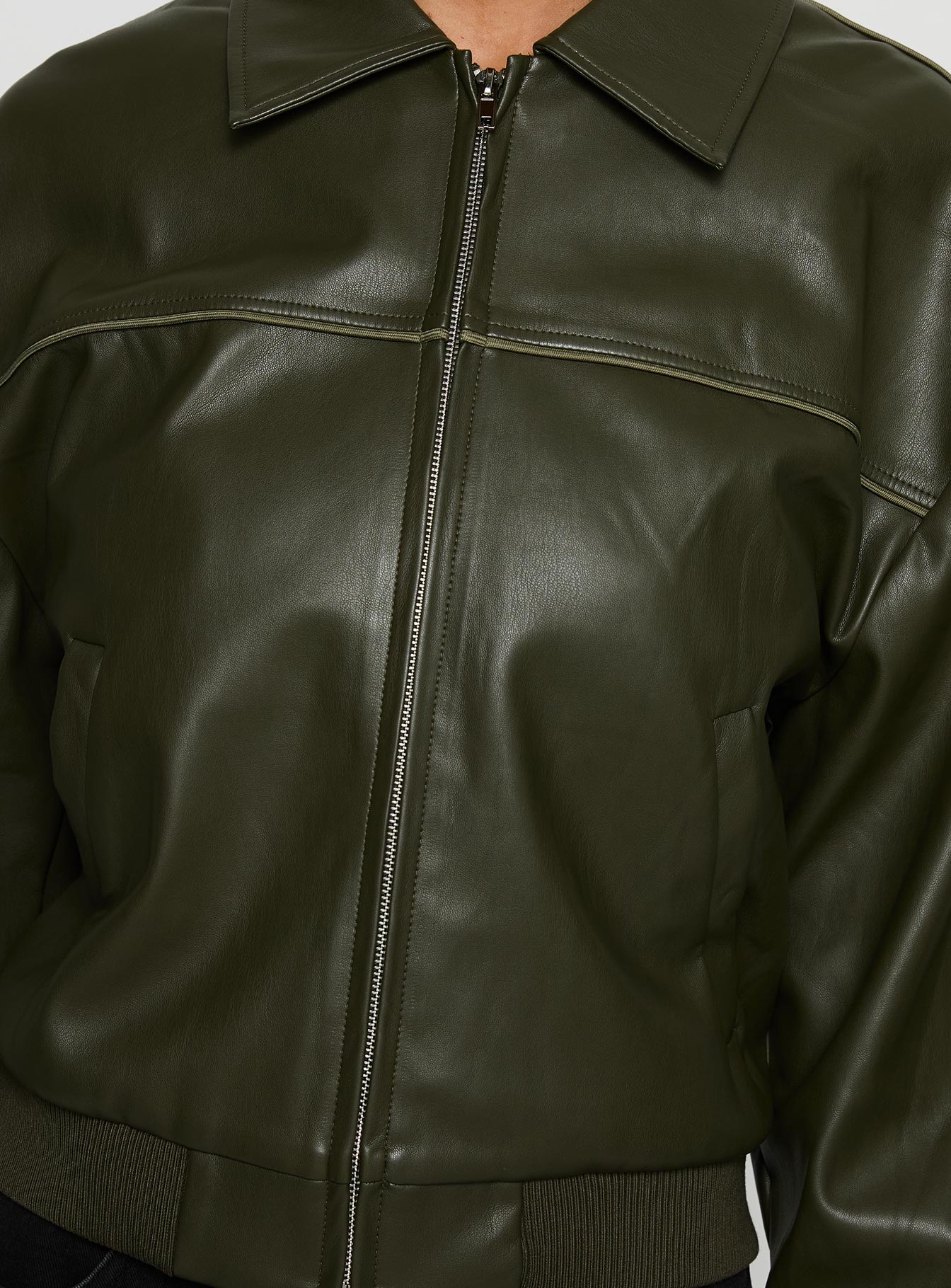 Uncover Faux Leather Bomber Jacket Dark Green
