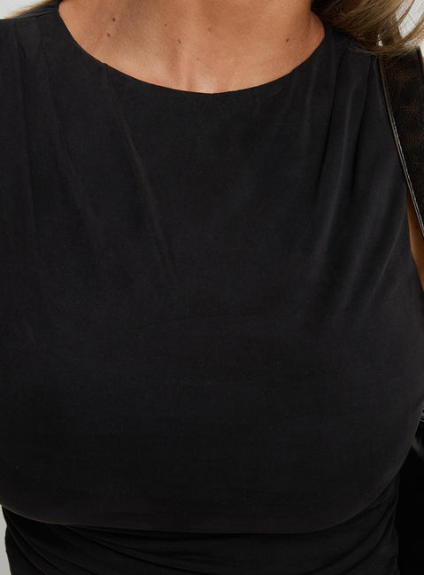 back view of model wearing Princess Polly Hold Em High Neck Top Black Sleeveless High Neck 