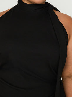 back view of model wearing Princess Polly Mathias Top Black Curve Sleeveless High Neck 