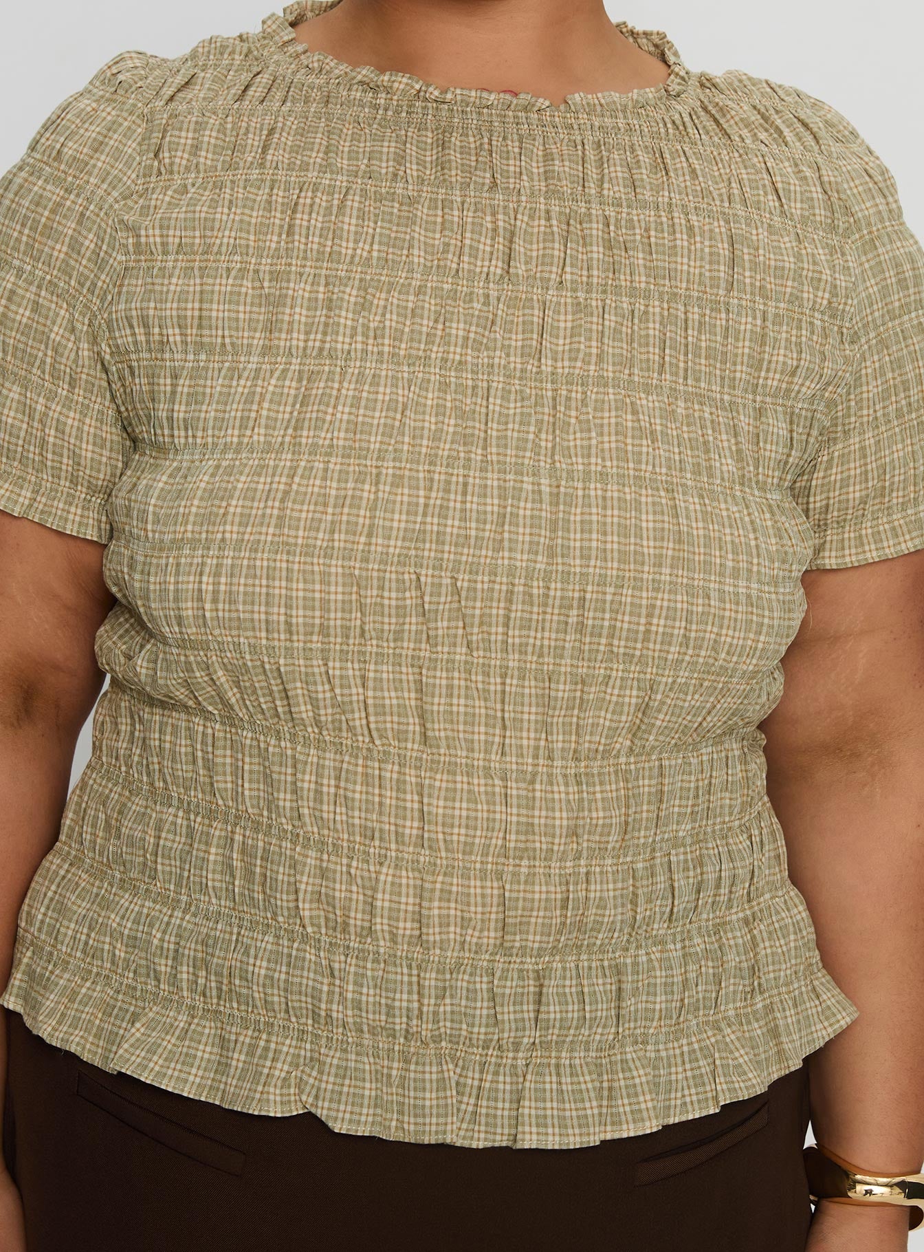 Romelle Shirred Top Green / Brown Plaid Curve
