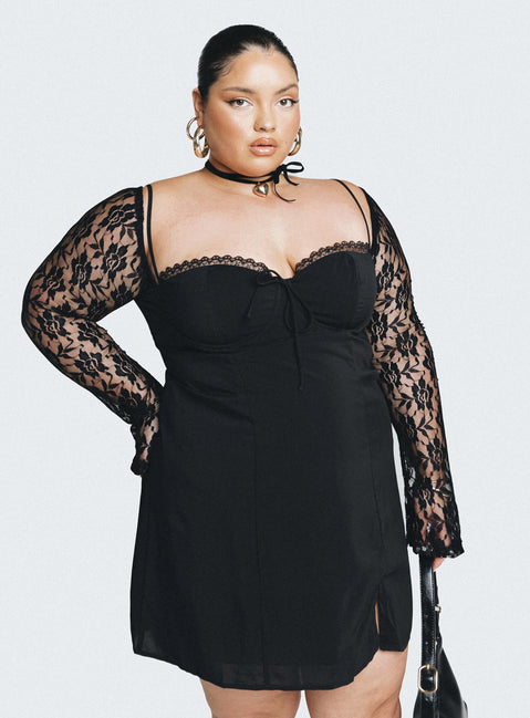 product Princess Polly High Neck  Ashwood Lace Sleeve Mini Dress Black Curve