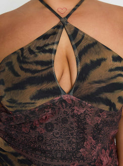 back view of model wearing Princess Polly Syrefena Halter Mini Dress Multi Curve Plunger 