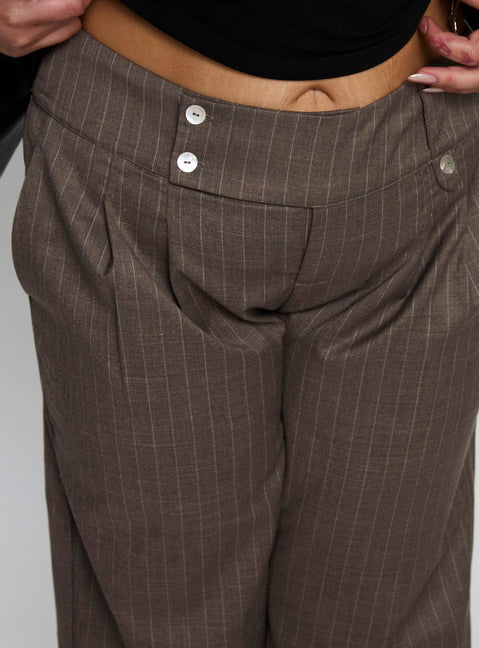 side view of model wearing Princess Polly Briellea Thick Waistband Pant Pinstripe Curve High Rise Pants 