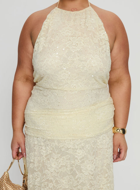 Emmalie Lace Asymmetrical Midi Dress Butter Yellow Curve