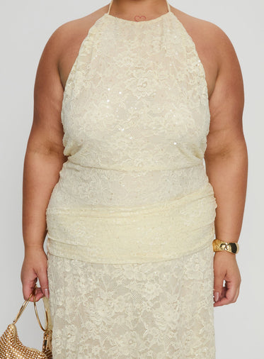 Emmalie Lace Asymmetrical Midi Dress Butter Yellow Curve