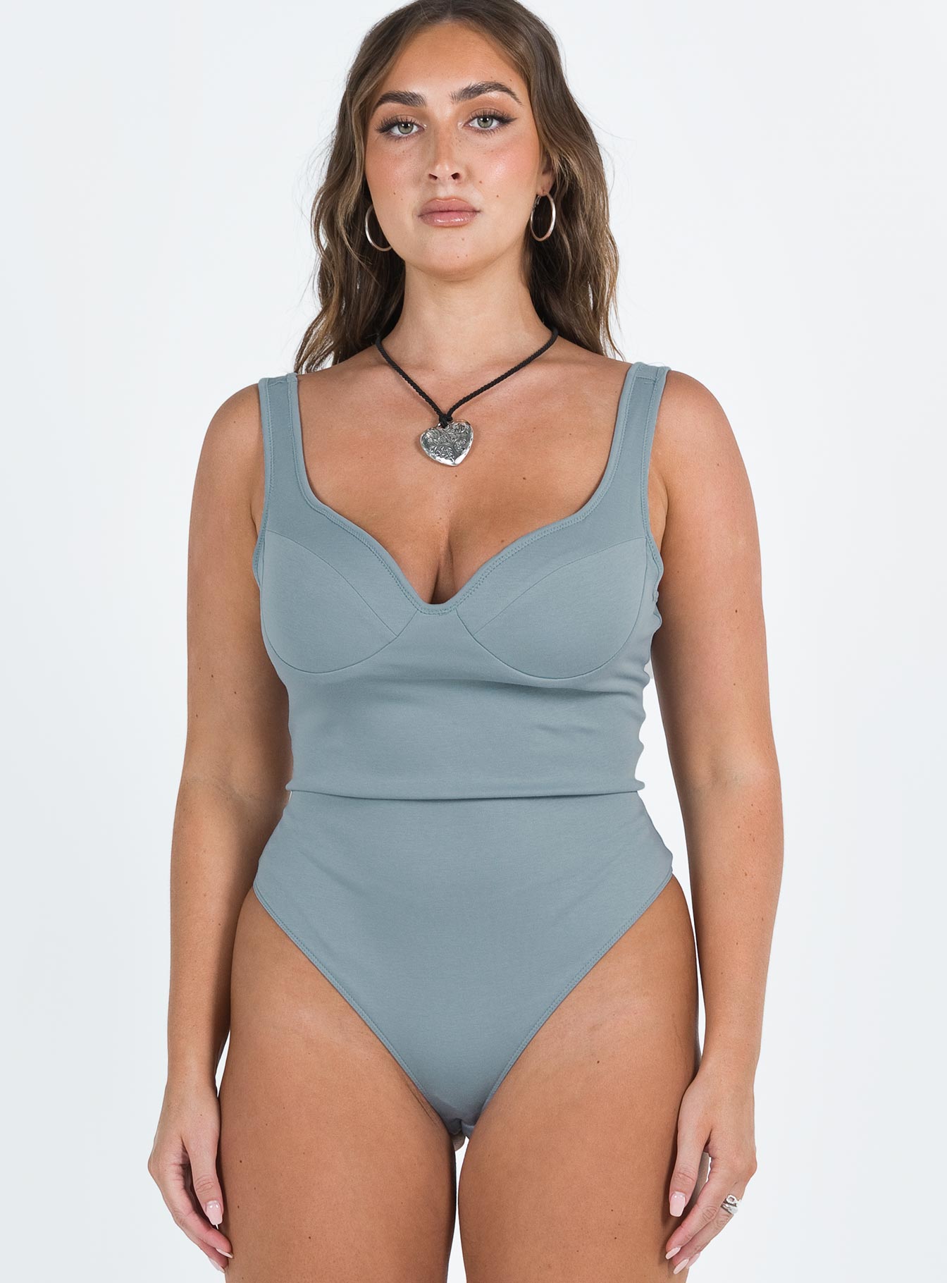 front view of model wearing Princess Polly Wilana Bodysuit Grey Sleeveless Sweetheart 