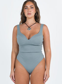 front view of model wearing Princess Polly Wilana Bodysuit Grey Sleeveless Sweetheart 