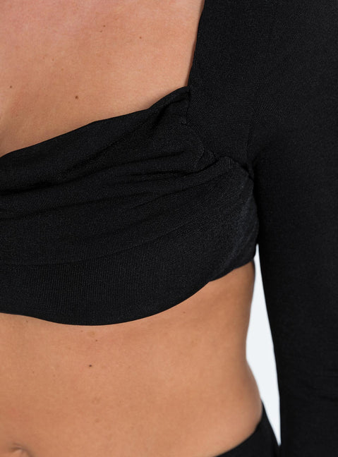 Blacking matching set Long sleeve crop top Cowl neckline Maxi skirt Low rise Thin elasticated waistband Good stretch Partially lined