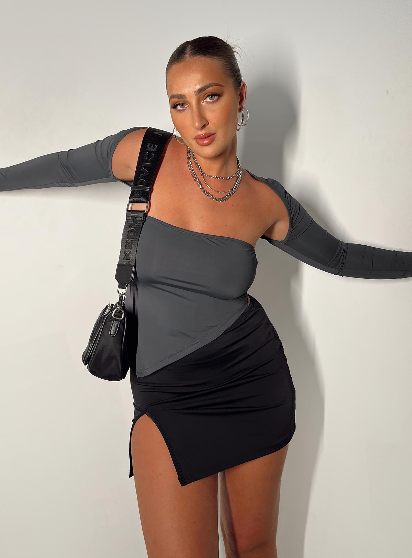 Front view of model wearing  front Lowell Mini Skirt Black Princess Polly  Mini Skirts 