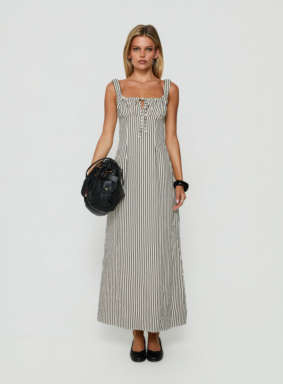 Vespar Tie Detail Maxi Dress Black / Cream Stripe