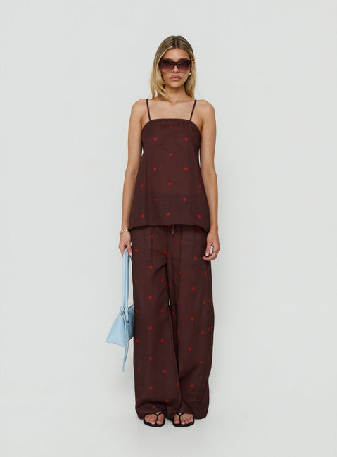 Bellara Tie Waist Pants Chocolate / Red Polka Dot