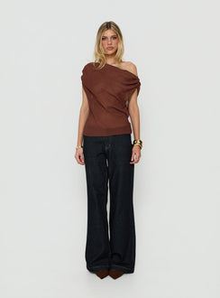 Orya Sheer Drape Off Shoulder Top Brown