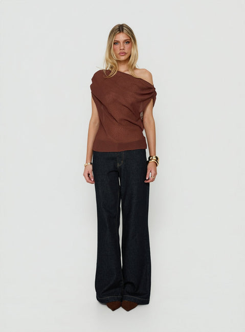 Orya Sheer Drape Off Shoulder Top Brown