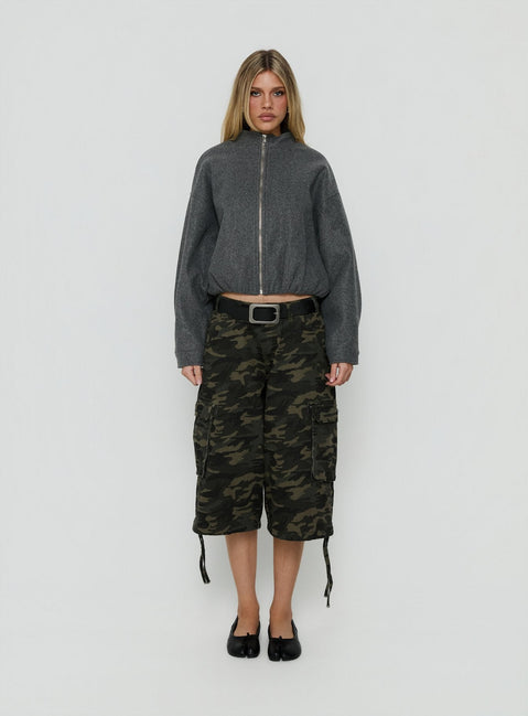Chayden Cropped Faux Wool Bomber Jacket Grey