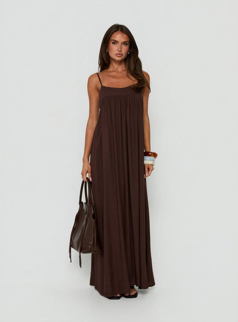 Wildah Linen Smock Maxi Dress Brown