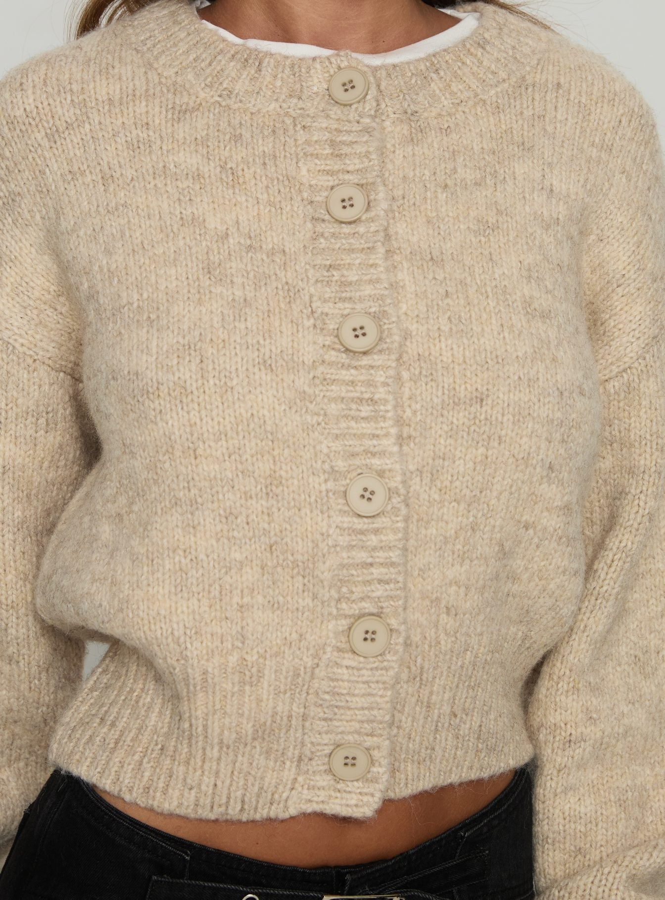 back view of model wearing Princess Polly Trevonn Button Up Knit Cardigan Beige Cropped Jumpers 