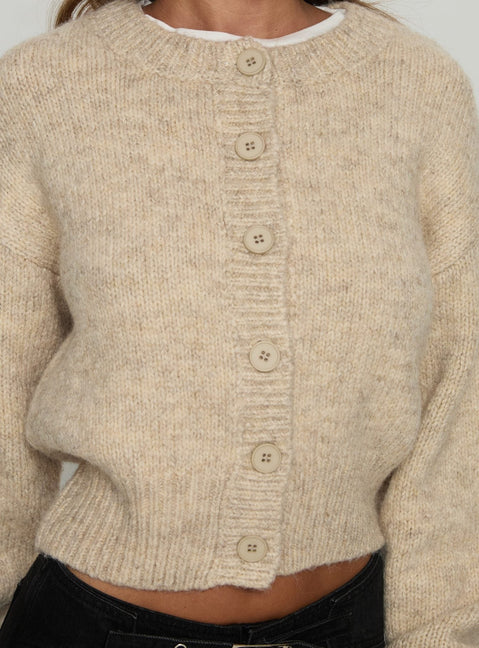 back view of model wearing Princess Polly Trevonn Button Up Knit Cardigan Beige Cropped Jumpers 