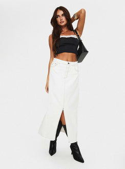 Denim maxi skirt Mid rise, belt looped waist, zip and button fastening, five pocket design, split at front