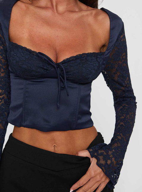 back view of model wearing Princess Polly Markwell Long Sleeve Top Navy Full Sleeves Sweetheart 