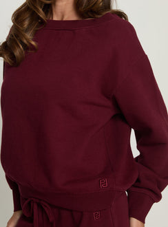 back view of model wearing Princess Polly Wellness Off the Shoulder Jumper Currant cropped Jumpers 