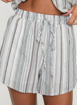 Striped shorts Thick elasticated waist, relaxed fit, drawstring fastening, twin hip pockets Non-stretch material, fully lined 
