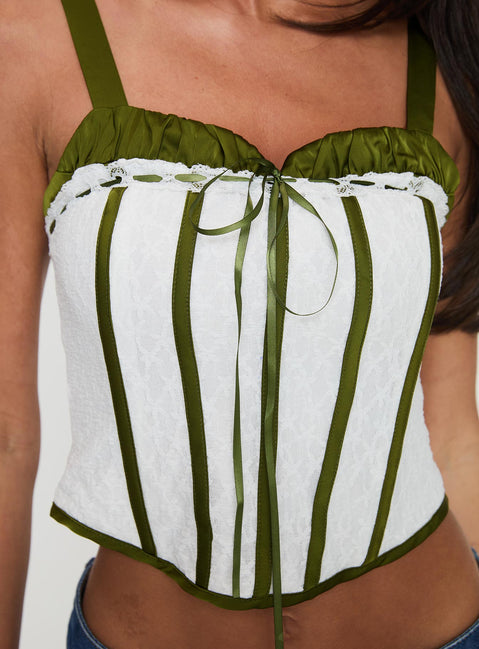 back view of model wearing Princess Polly Jiraia Lace Corset Top White / Green Sleeveless Sweetheart 